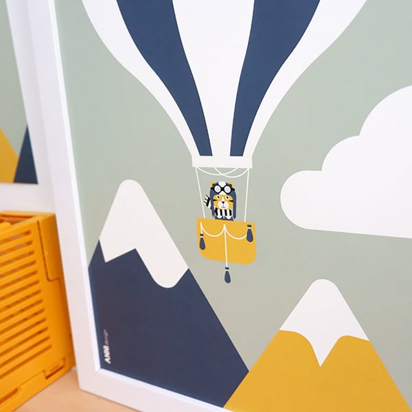 Posterset vliegtuig + luchtballon - bleekgroen