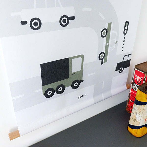 Textielposter auto voertuigen kinderkamer - olijf groen
