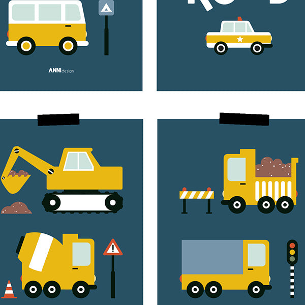 Posterset kinderkamer voertuigen on the road - donkerblauw