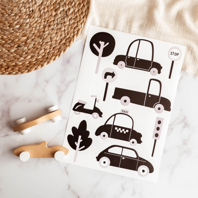 Voertuigen muurstickers in zwart-wit