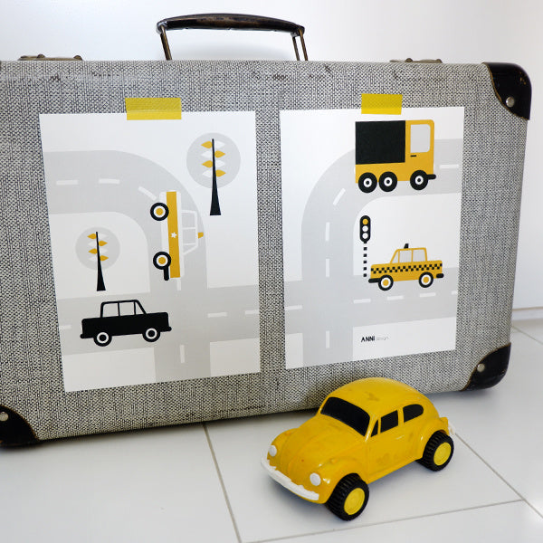 Posterset auto voertuigen kinderkamer - oker geel 15x20 cm