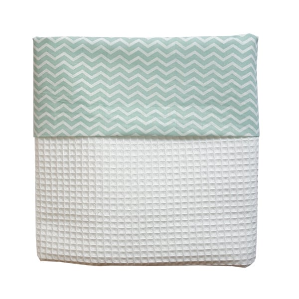 Ledikantdeken wafelstof lichtgrijs - mint zigzag
