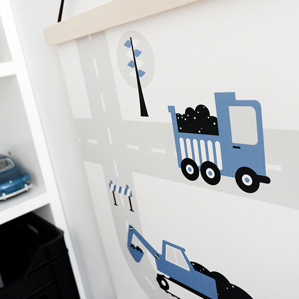 Poster voertuigen graafmachine kinderkamer - jeans blauw