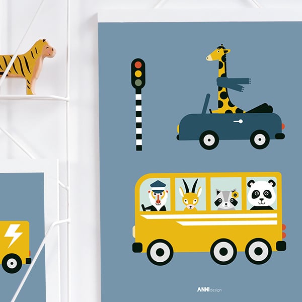 Poster kinderkamer auto bus voertuigen - jeansblauw