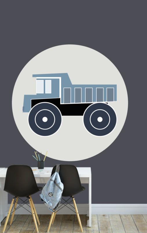 Muurcirkel kinderkamer kiepwagen  auto jeansblauw