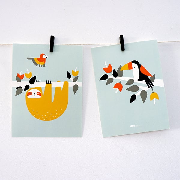 Posterset jungle kamer toekan + luiaard - mint