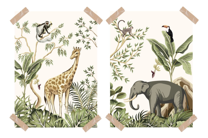 Poster set jungle kinderkamer babykamer - giraffe en olifant