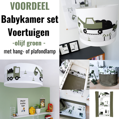 Babykamer aankleding en decoratie set - Voertuigen olijfgroen (met hang- of plafondlamp)