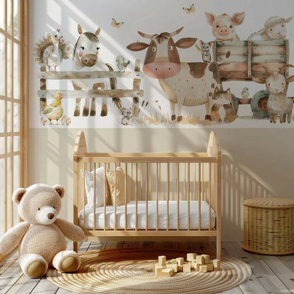 Wandvullend behang boerderij kinderkamer - lambrisering beige