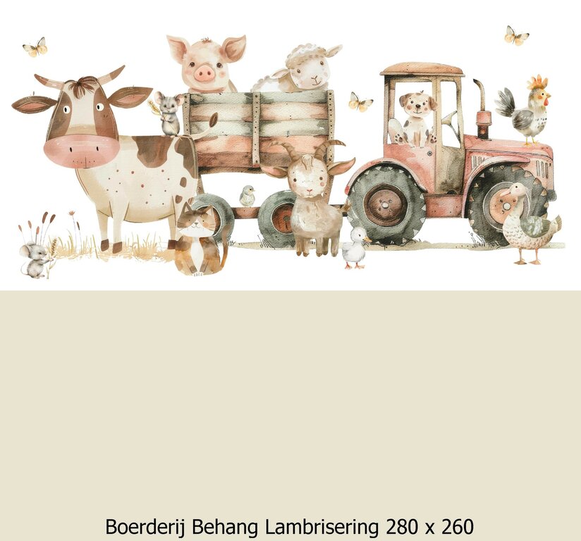 Wandvullend behang boerderij kinderkamer - lambrisering beige