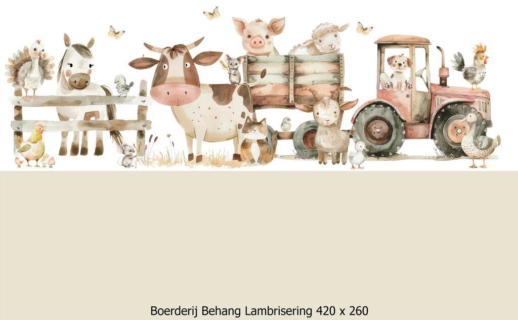 Wandvullend behang boerderij kinderkamer - lambrisering beige