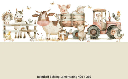 Wandvullend behang boerderij kinderkamer - lambrisering beige