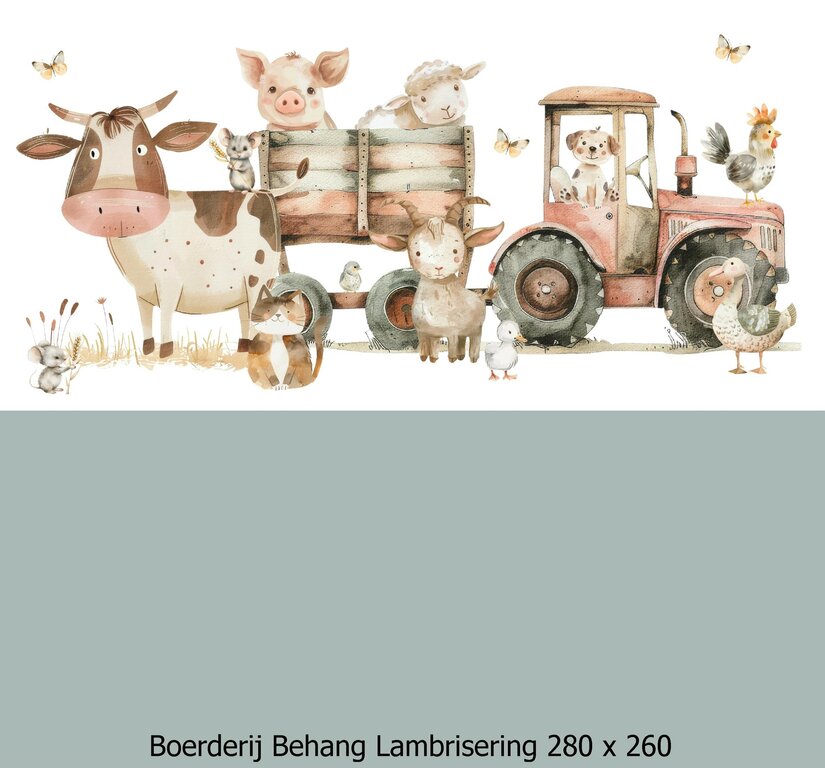 Wandvullend behang boerderij kinderkamer - lambrisering vergrijsd salie
