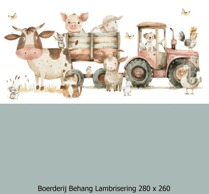 Wandvullend behang boerderij kinderkamer - lambrisering vergrijsd salie