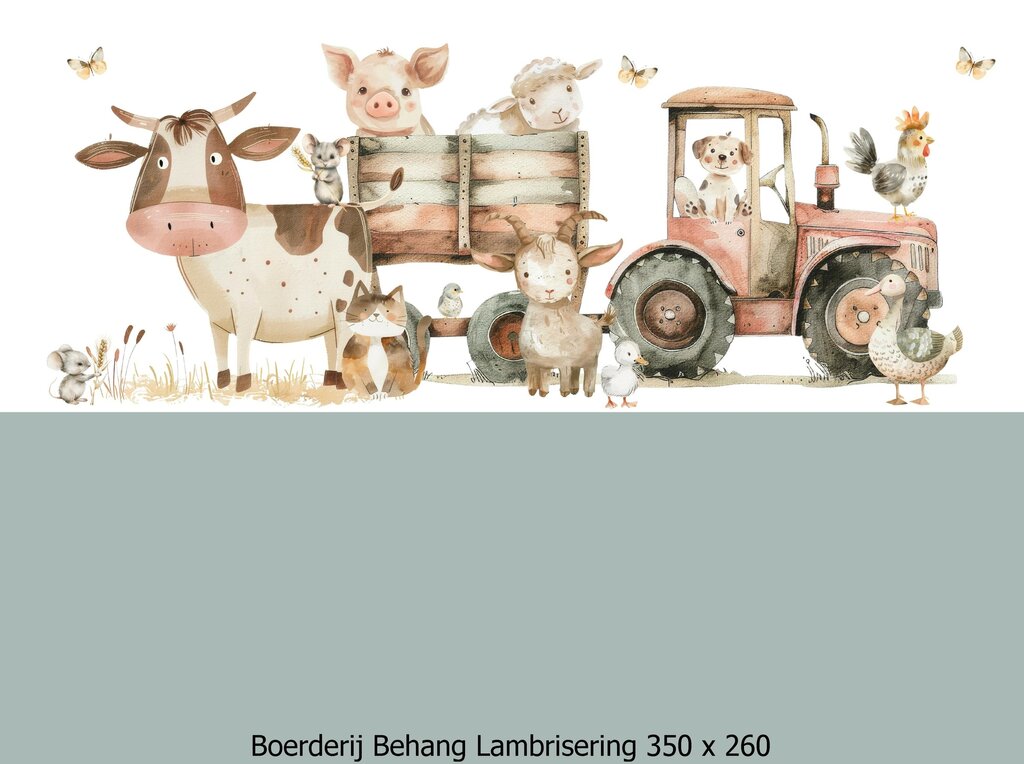 Wandvullend behang boerderij kinderkamer - lambrisering vergrijsd salie