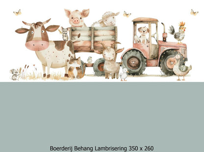 Wandvullend behang boerderij kinderkamer - lambrisering vergrijsd salie
