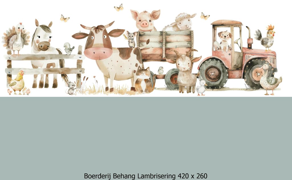 Wandvullend behang boerderij kinderkamer - lambrisering vergrijsd salie