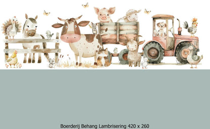 Wandvullend behang boerderij kinderkamer - lambrisering vergrijsd salie