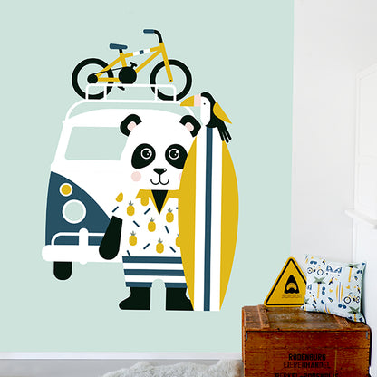 Behang Surf dude Panda kinderkamer old green