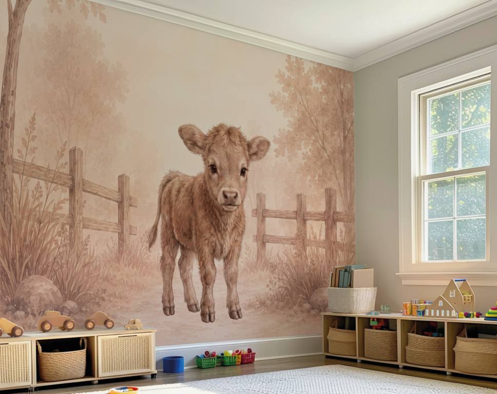 Wandvullend behang Kalfje Little Meadow voor de kinderkamer of babykamer