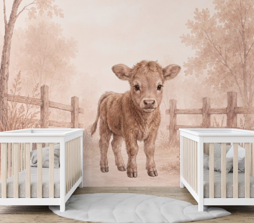 Wandvullend behang Kalfje Little Meadow voor de kinderkamer of babykamer