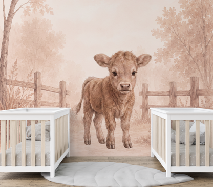 Wandvullend behang Kalfje Little Meadow voor de kinderkamer of babykamer