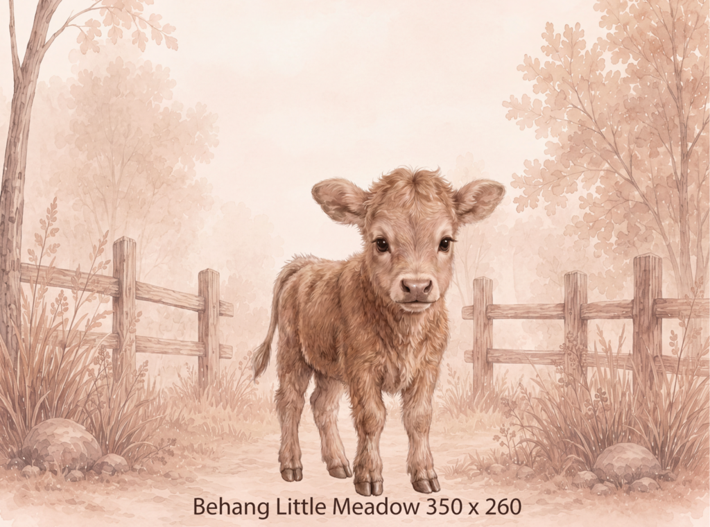 Wandvullend behang Kalfje Little Meadow voor de kinderkamer of babykamer