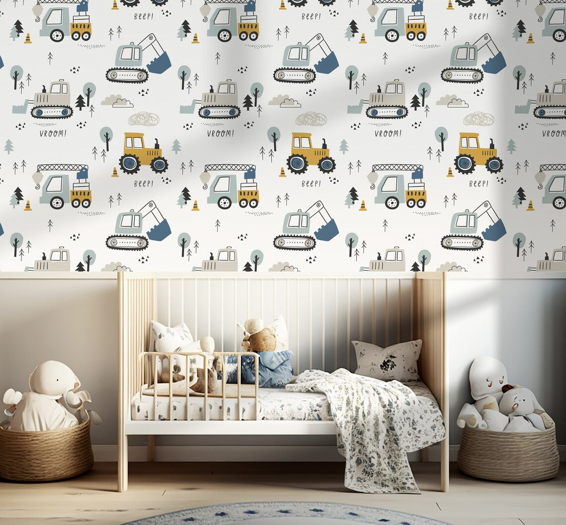 Behang Voertuigen kinderkamer 3 maten in oker, blauw en grijs