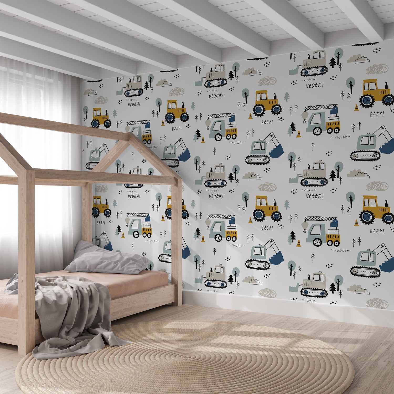 Behang Voertuigen kinderkamer 3 maten in oker, blauw en grijs