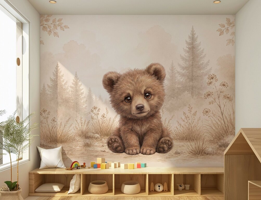 Wandvullend behang Beertje Woodland voor de kinderkamer of babykamer