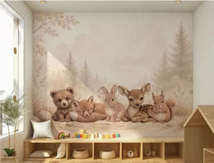 Wandvullend behang Bosdieren Woodland voor de kinderkamer of babykamer