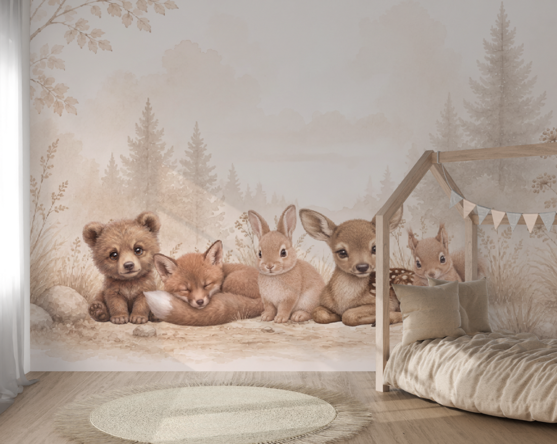 Wandvullend behang Bosdieren Woodland voor de kinderkamer of babykamer