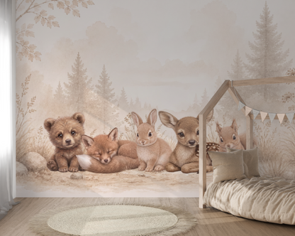 Wandvullend behang Bosdieren Woodland voor de kinderkamer of babykamer