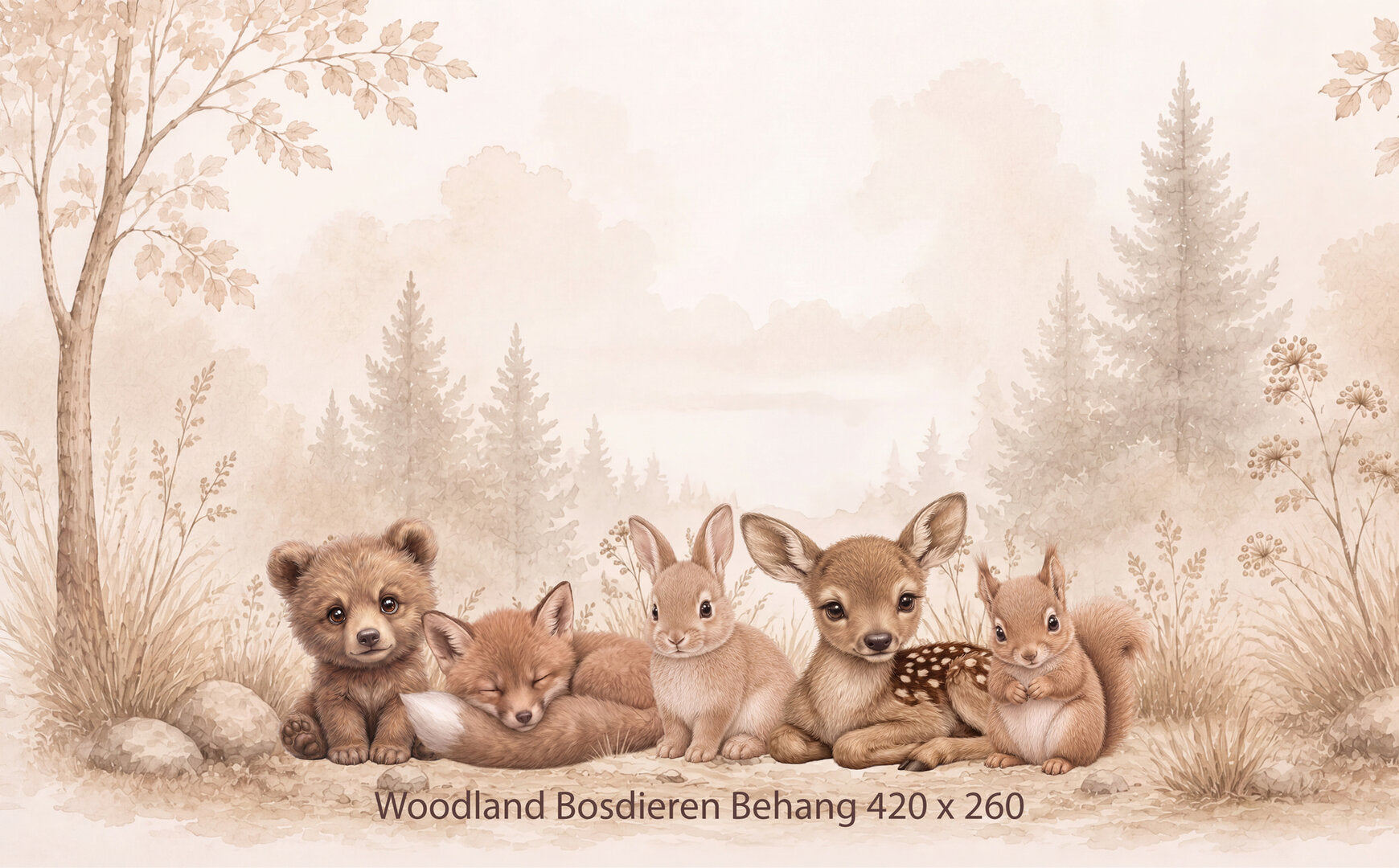 Wandvullend behang Bosdieren Woodland voor de kinderkamer of babykamer