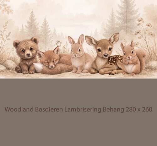 Wandvullend behang Bosdieren Woodland voor de kinderkamer of babykamer - lambrisering donker taupe
