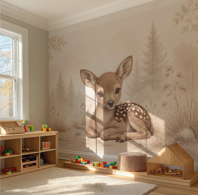 Wandvullend behang Hertje Woodland voor de kinderkamer of babykamer