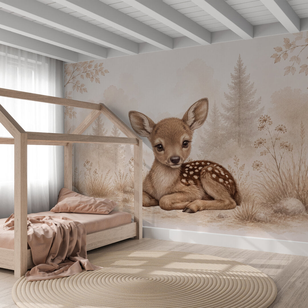 Wandvullend behang Hertje Woodland voor de kinderkamer of babykamer