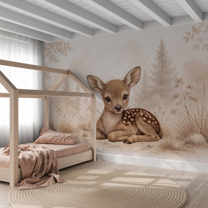 Wandvullend behang Hertje Woodland voor de kinderkamer of babykamer