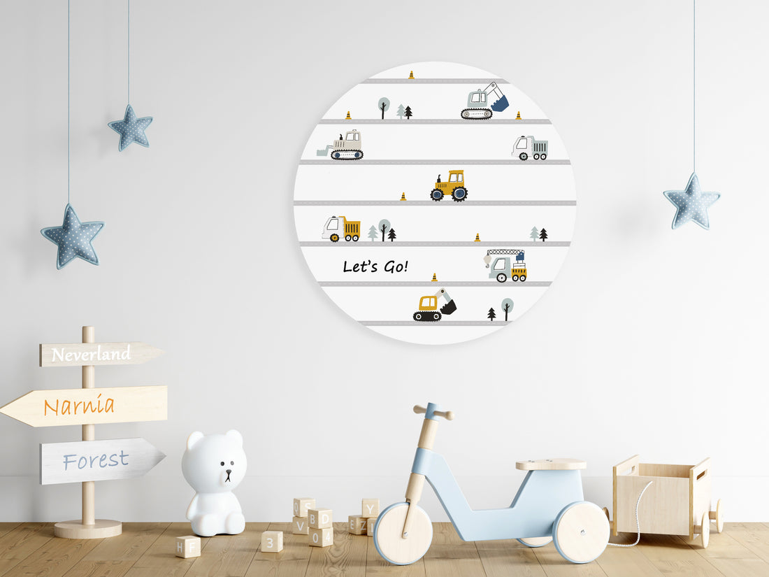 Behangcirkel Voertuigen kinderkamer - oker, blauw en grijs