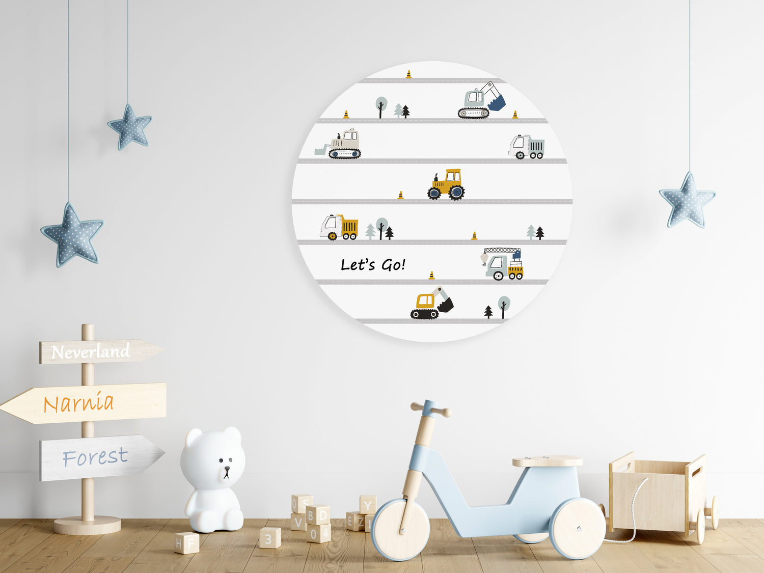 Behangcirkel Voertuigen kinderkamer - oker, blauw en grijs