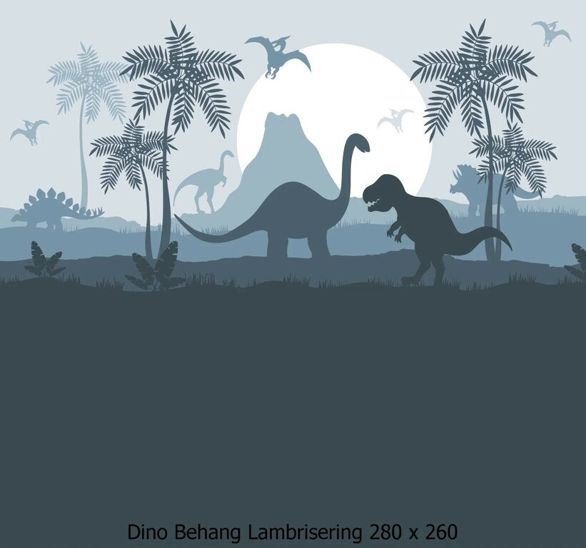 Wandvullend behang Dino blauw dinosaurus kinderkamer - lambrisering blauw