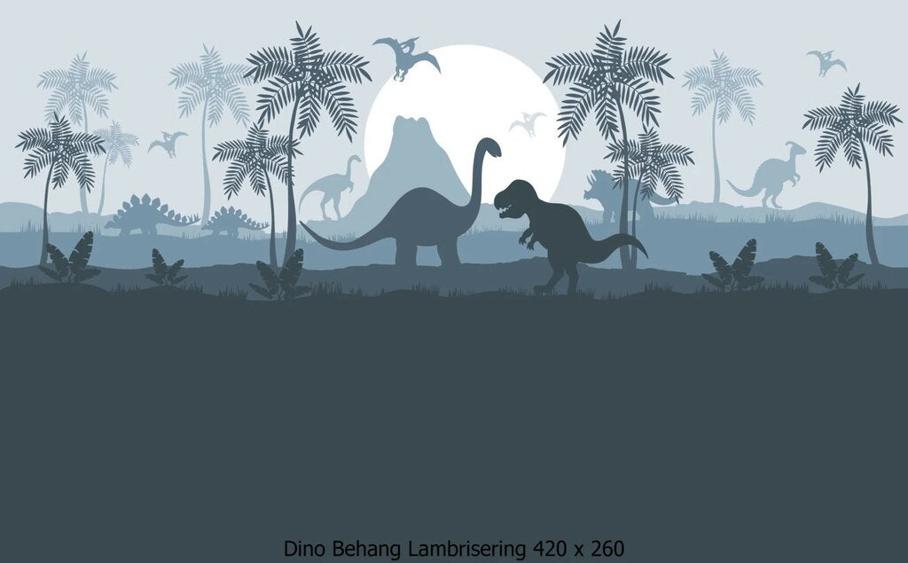 Wandvullend behang Dino blauw dinosaurus kinderkamer - lambrisering blauw