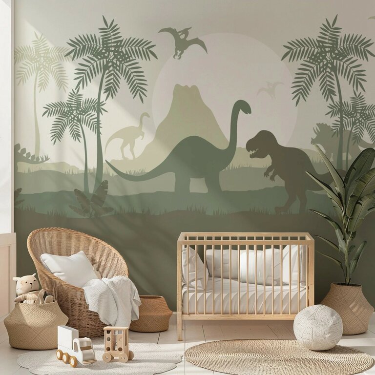 Wandvullend behang Dino groen dinosaurus kinderkamer - lambrisering olijf groen