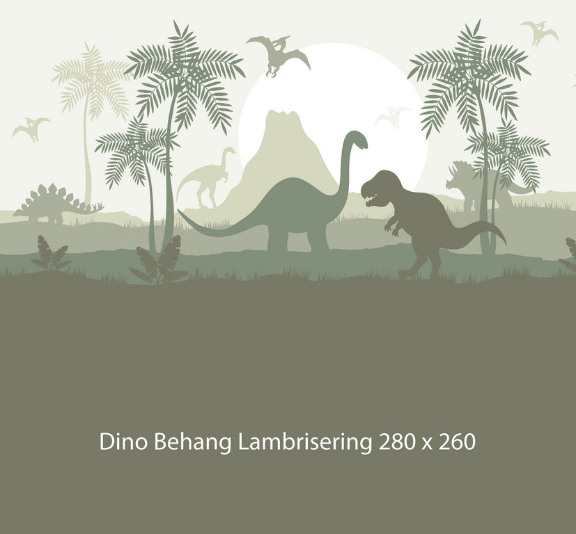 Wandvullend behang Dino groen dinosaurus kinderkamer - lambrisering olijf groen