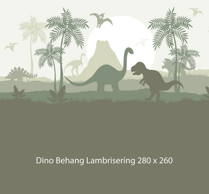 Wandvullend behang Dino groen dinosaurus kinderkamer - lambrisering olijf groen