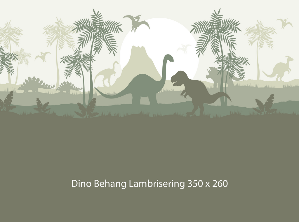 Wandvullend behang Dino groen dinosaurus kinderkamer - lambrisering olijf groen
