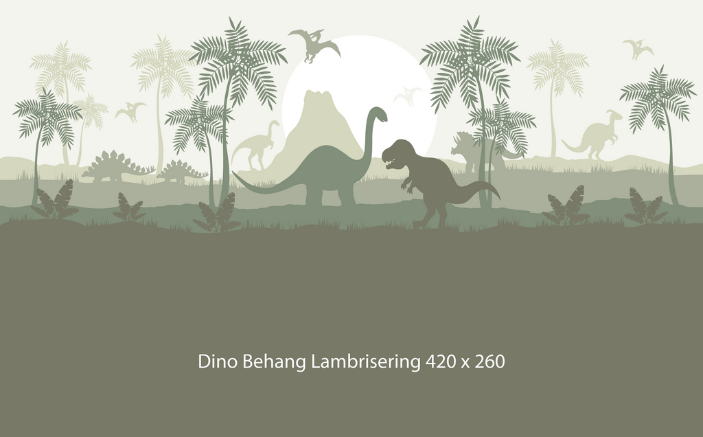 Wandvullend behang Dino groen dinosaurus kinderkamer - lambrisering olijf groen