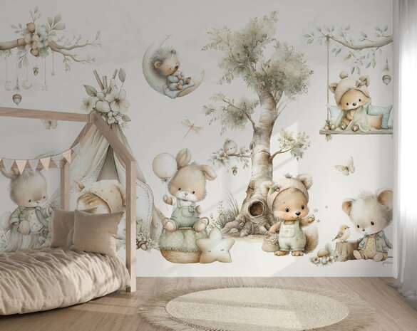 Wandvullend behang Kleine Bosvriendjes voor de kinderkamer of babykamer