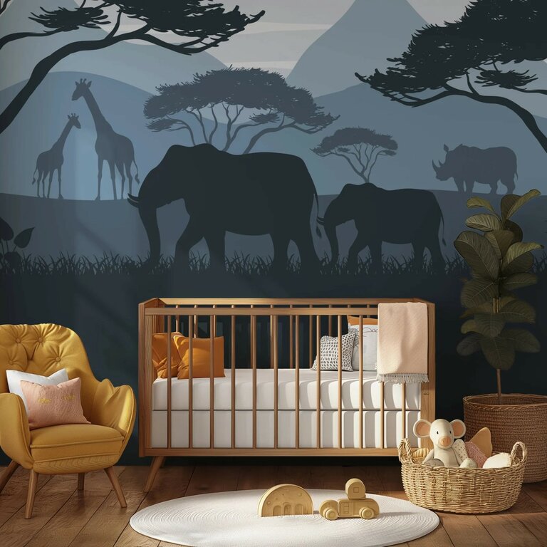 Wandvullend behang safari blauw jungle kinderkamer - lambrisering blauw