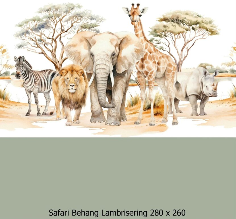 Wandvullend behang Safari voor de kinderkamer of babykamer - lambrisering salie groen